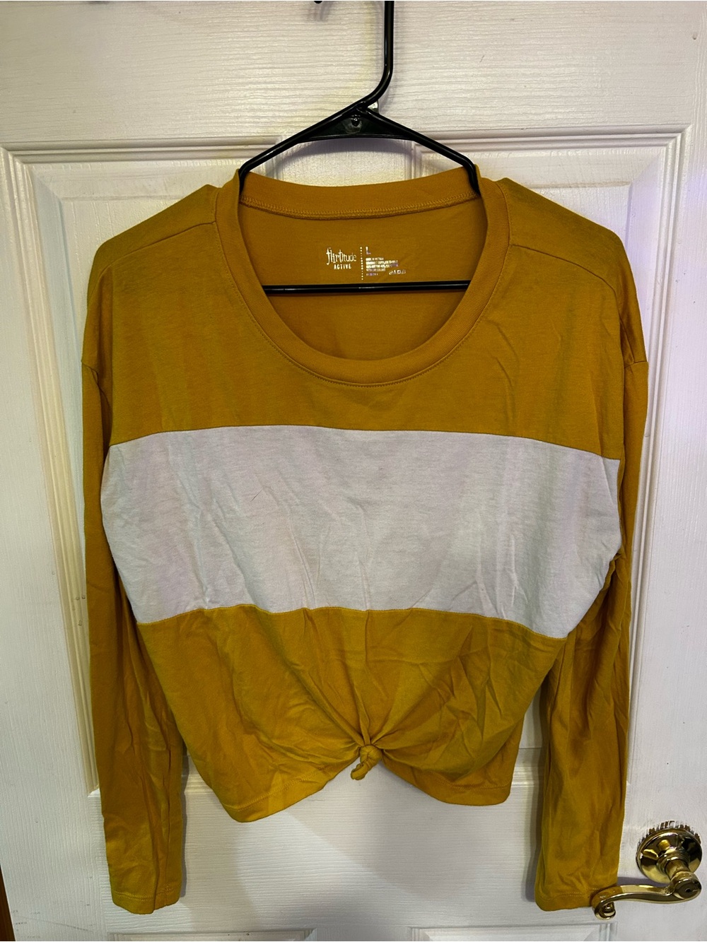flirtitude Mustard Yellow and White Knot-Front Long Sleeve Tee